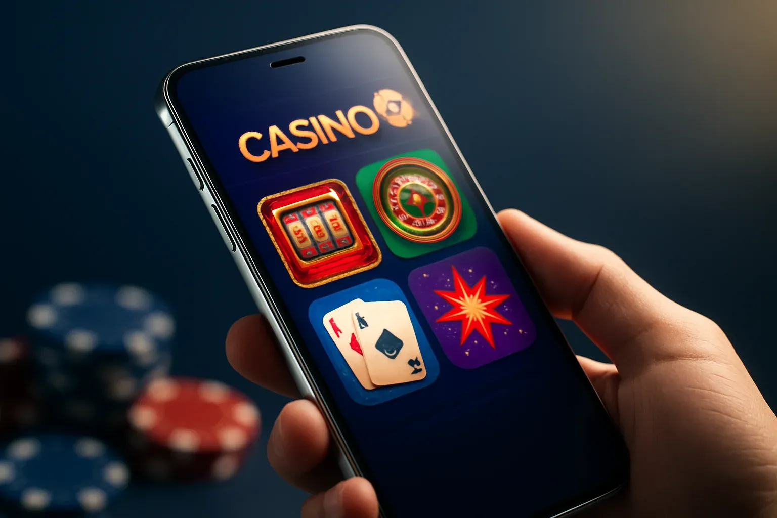 Cinematic flagship Android phone showing vivid casino app interface, dark blue background