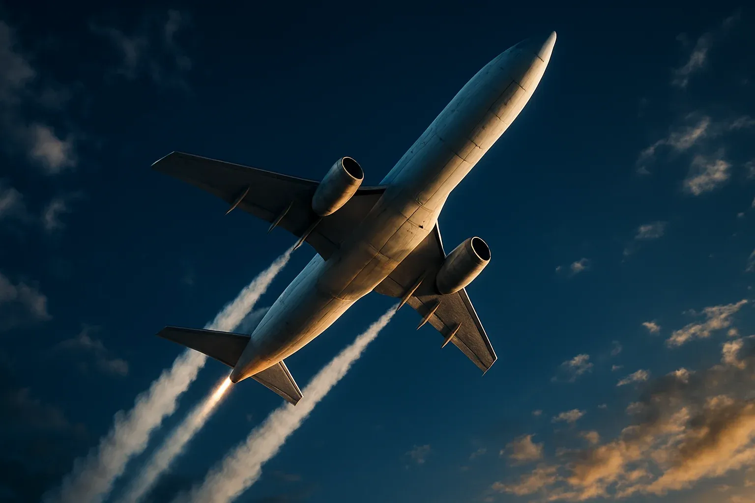 Hyperrealistic white jet climbing steeply in deep blue sky with contrails