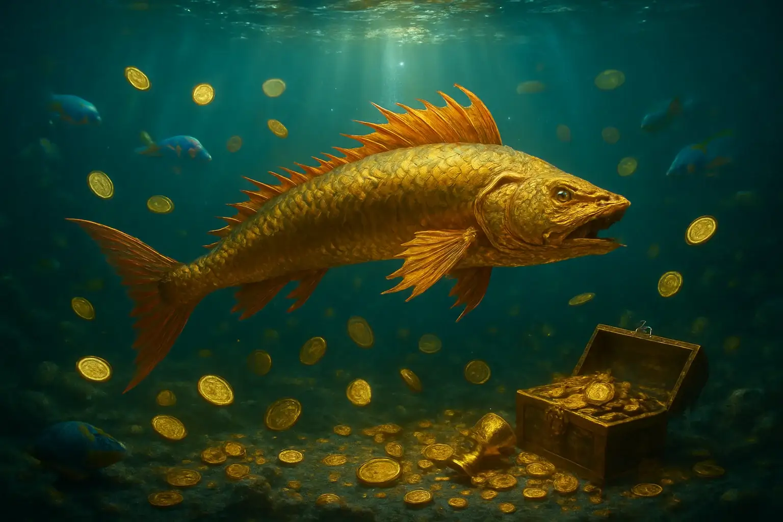 Hyperrealistic underwater golden dragon fish surrounded by glowing coins and treasure