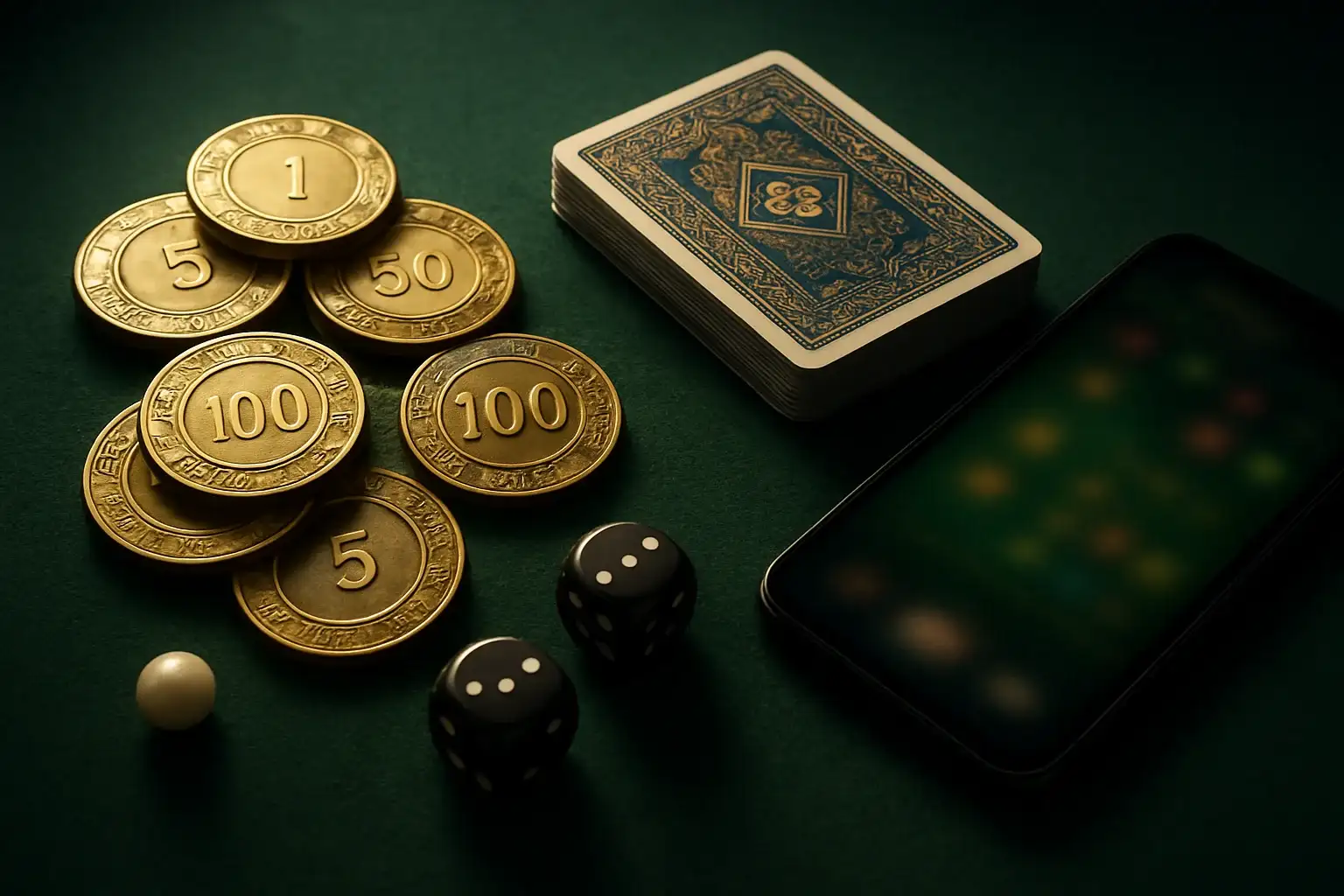 Top-down casino table with gold chips, cards, dice, roulette ball, smartphone