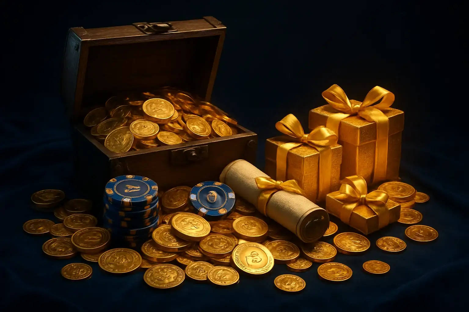 Overflowing treasure chest with gold coins, casino chips, vouchers, and gift boxes