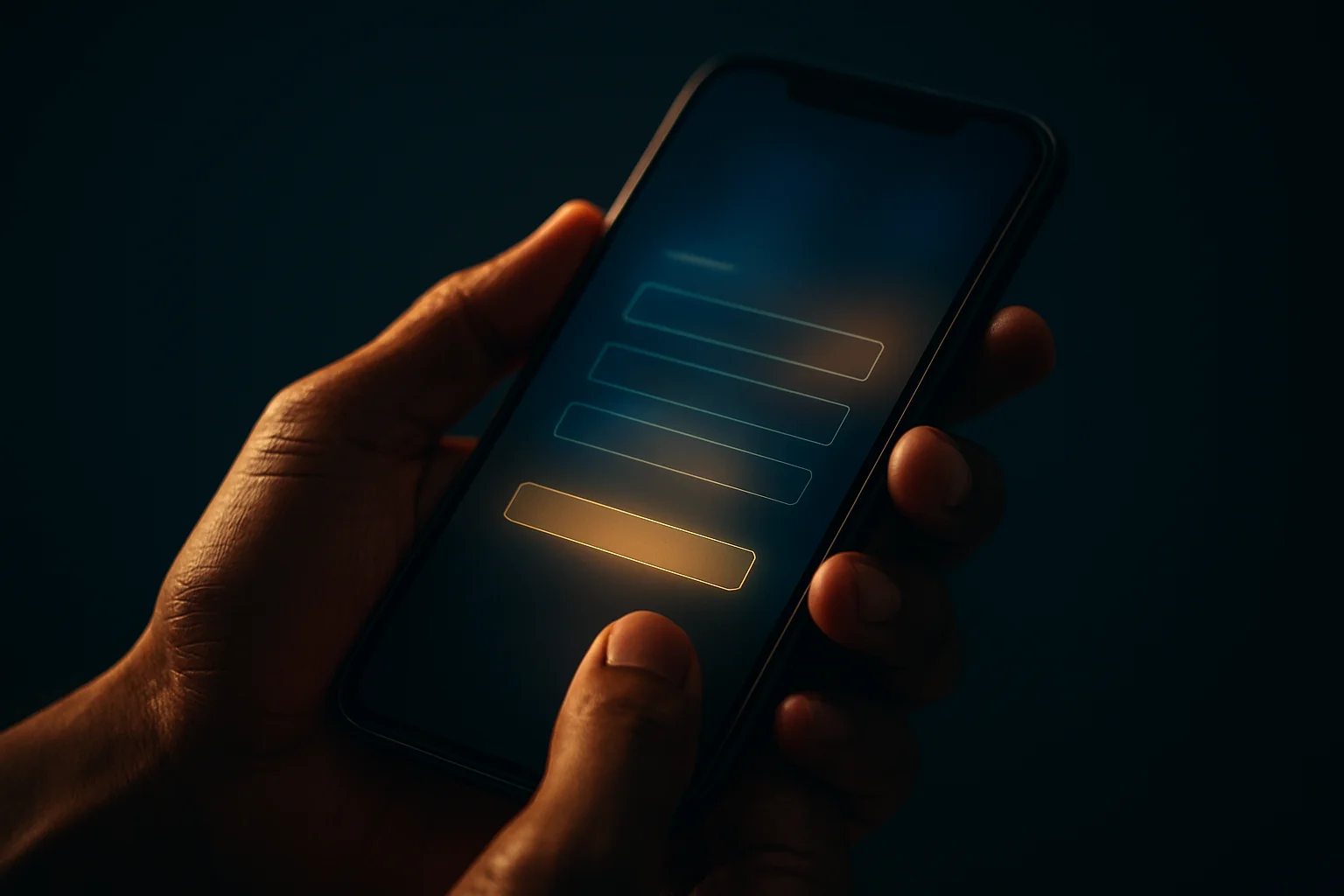 Filipino man hands holding smartphone with blurred registration form interface