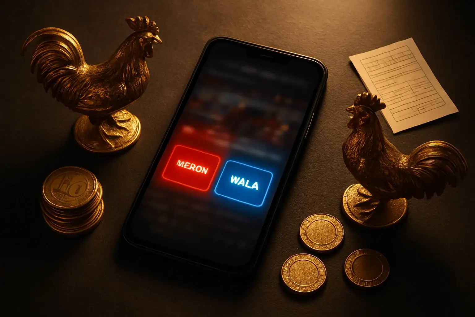 Smartphone sabong betting interface with golden roosters, peso coins, casino chips