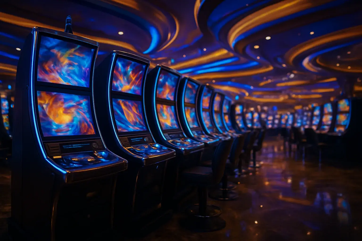 Hyperrealistic wide shot of Manila casino slots floor with blue gold lighting